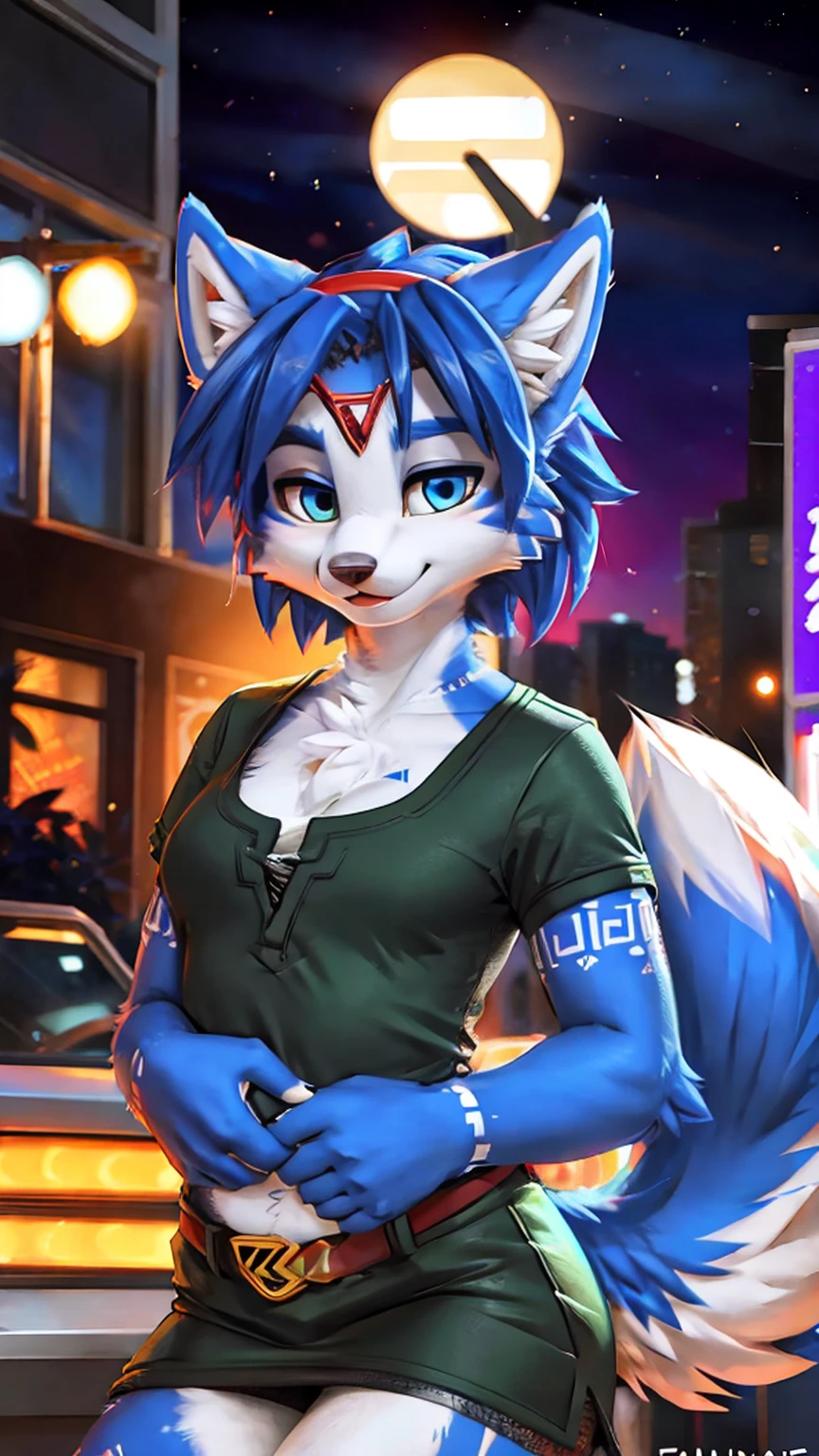 A beautiful and detailed (cute portrait) wa ((krystal)), Star Fox krystal, sslim, lovable, green eyes, medium breasts, (((Long blue hair 1.3))), Decollete, anthro, furry, Uploaded E621, detailed fluffy fur, (wa Fluff-Kevlar, Bayard Wu, Pino Daeni), detailed face, (fluffy), 1 girl, alone, sweet girl, tunic