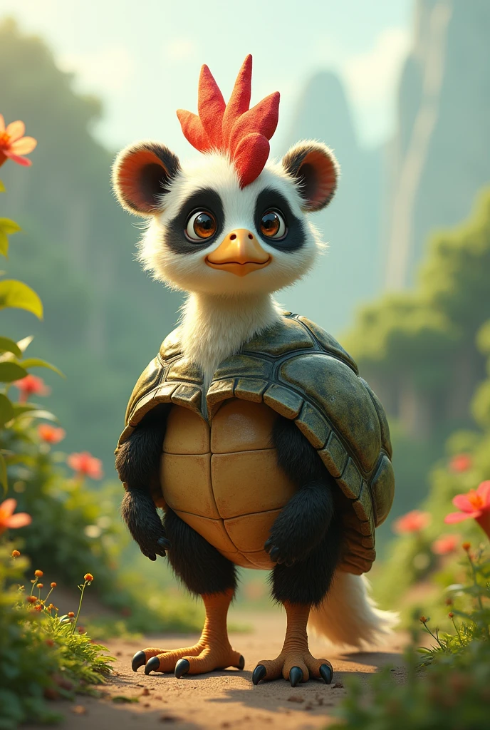 Create an animal composed of a chicken, a kangaroo, a turtle and a cute panda.  