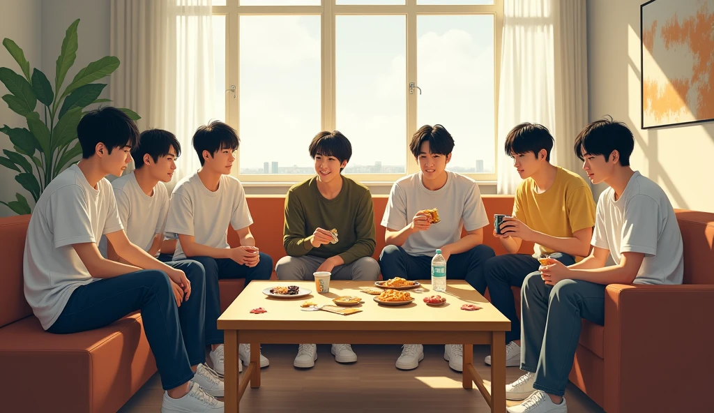 Six 20-year-old dark-haired, yellow-skinned Korean guys are hanging out in their dorm's common room, eating snacks. One of them is drinking from a water bottle. The common room is large and bright, and the six guys only occupy a third of the space. They're casually sitting on the couch or on the floor, with snacks and drinks scattered on the table.