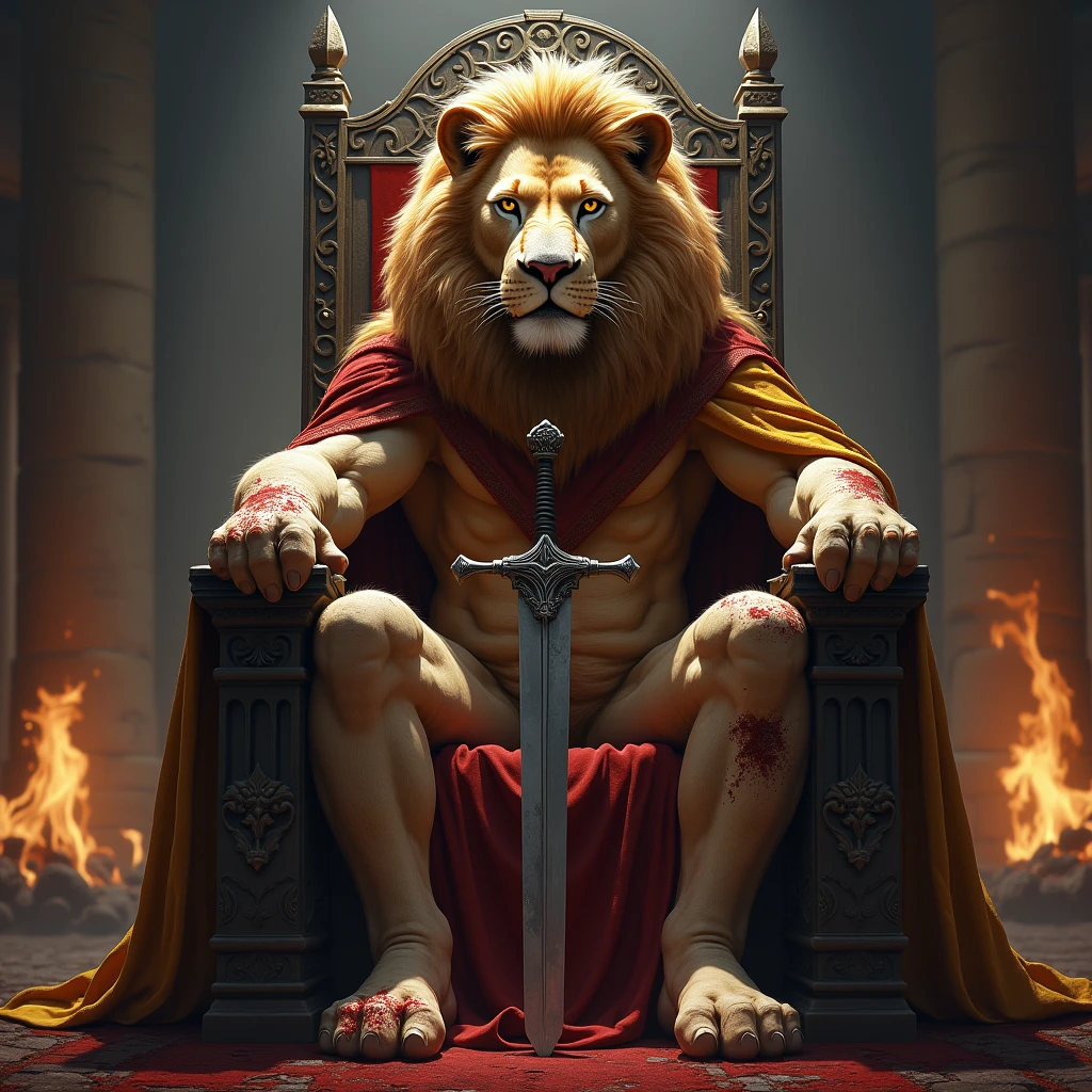 A lion fresh from battle sits majestically upon his iron-wrought throne, his mane splattered with blood and dust from battle. With a fierce and tired look, his sword rests at his side, a silent witness of the feline's boldness and bravery. The throne room is illuminated by the dim light of the torches, creating dancing shadows that enhance its imposing presence. The lion exhales forcefully, showing scars from ancient feuds. In his gaze is reflected the determination of a true king, ready to claim his place in the kingdom.
