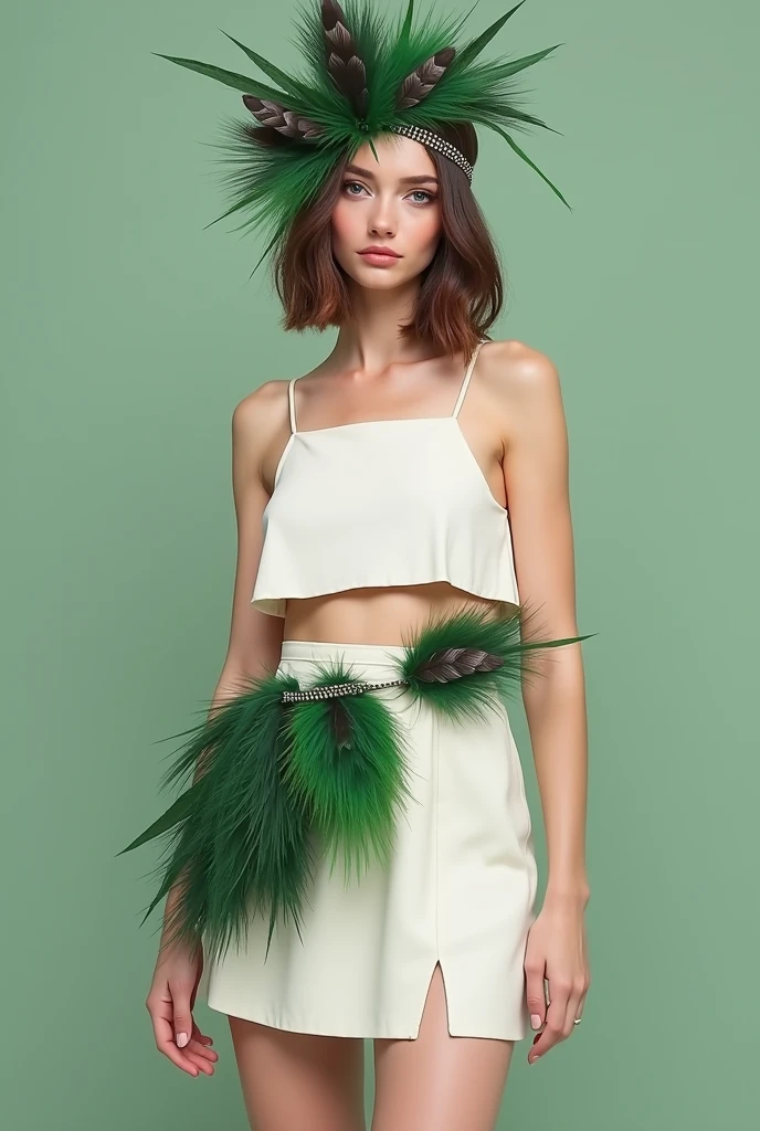  dressed in a short white thigh-length skirt, with a white belt that has green and dark feathers stuck to it, white sleeveless crop top with an accessory made up of feathers in different shades of dark green worn on the side of the head, held by a band that wraps around the forehead.