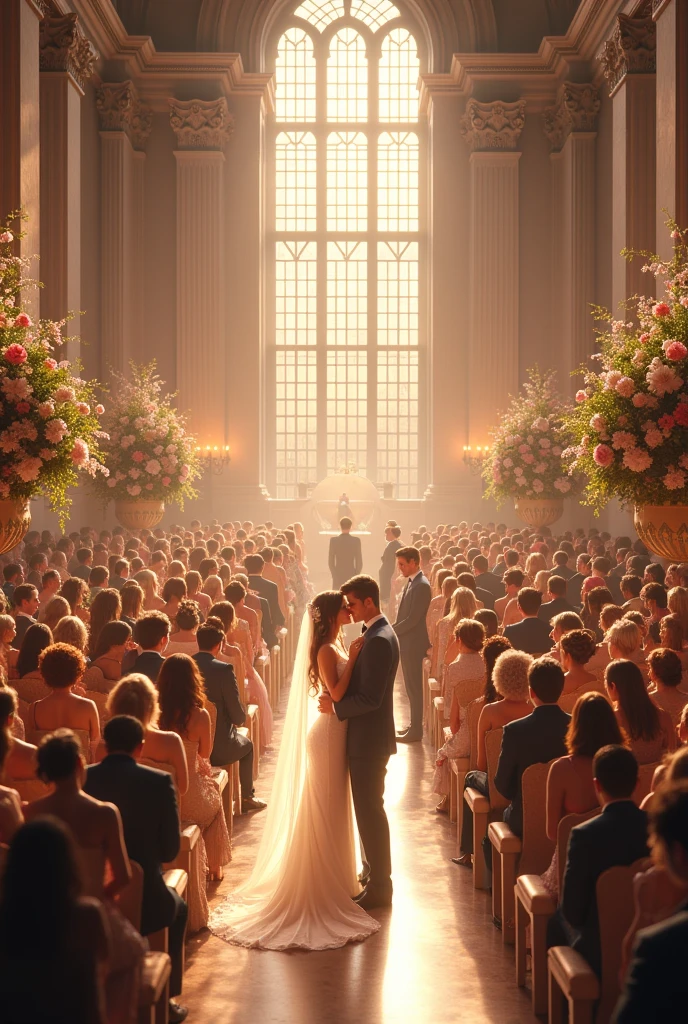 Many beautiful couples have come to a wedding ceremony. 
Everyone is in the hall room.
