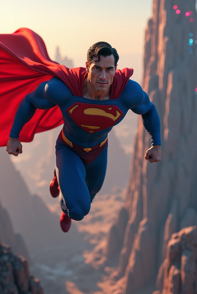 a muscular superhero,a man in a blue and red costume with a cape,detailed facial features,chiseled jawline,piercing eyes,confident expression,flying in the sky,dramatic lighting,cinematic camera angle,epic sci-fi landscape,vibrant colors,digital art,8k,hyper detailed,photorealistic