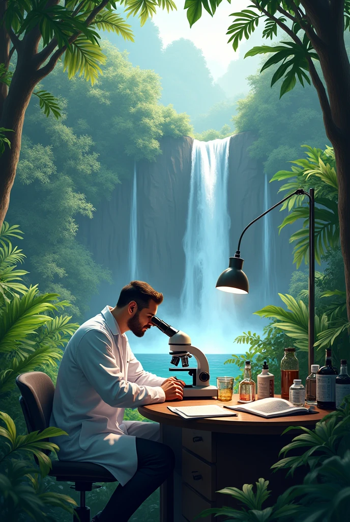 A doctor with microscope In gungle besides of water falling
