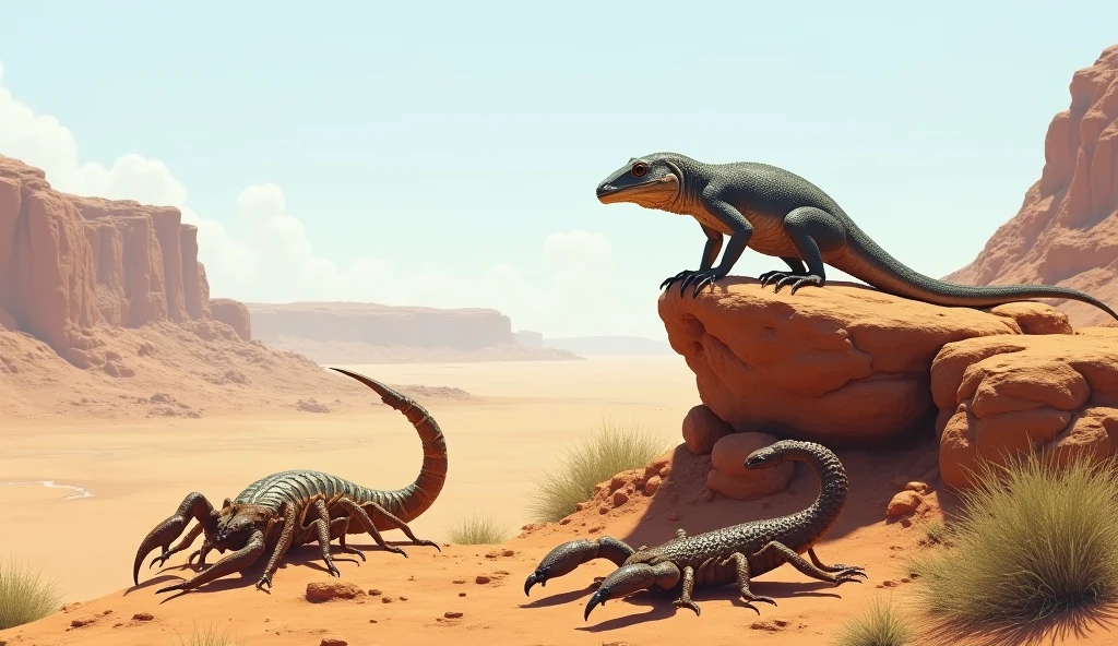 A gray lizard, a small brown scorpion and a snake in the desert.