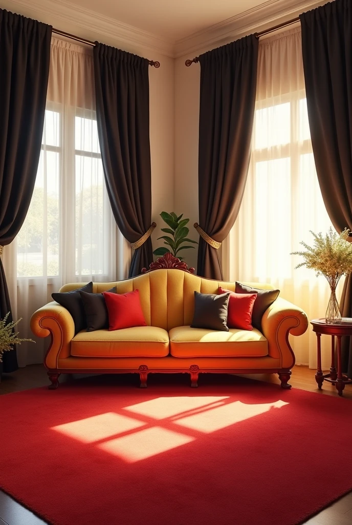 Create a room made of cream white walls it has a bright red carpet a gold couch with three throw pillows,one is red the other gold and the other black and black curtains