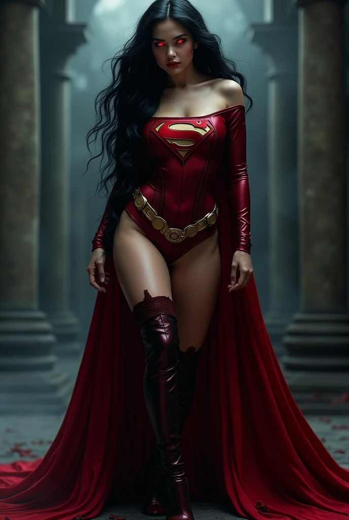 PHOTO REALISM. A FULL BODY VIEW OF THE HOTTES AND SEXIEST SUPERGIRL WITH LONG BLACK HAIR, WITH HUGE PERKY BOOBS, RED GLOWING VAMPIRE EYES. WEARING A VAMPIRE SUPERGIRL OUTFIT, CAPE AND BOOTS. A LORGE GOTHIC SUPERGIRL EMBLEM ON HER CHEST.
