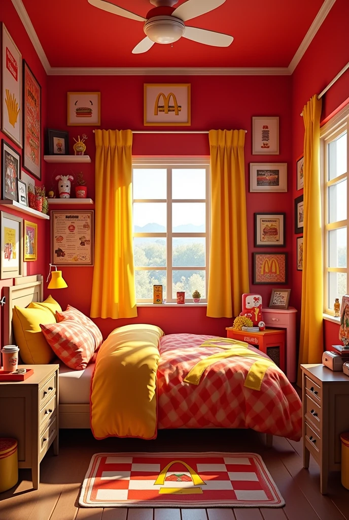 A bedroom decorated with the McDonald's brand