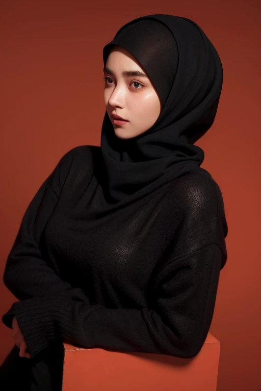 a 20 yo woman,hijab, sweater, dark theme, soothing tones, muted colors, high contrast, (natural skin texture, hyperrealism, soft light, sharp),red background,simple background,