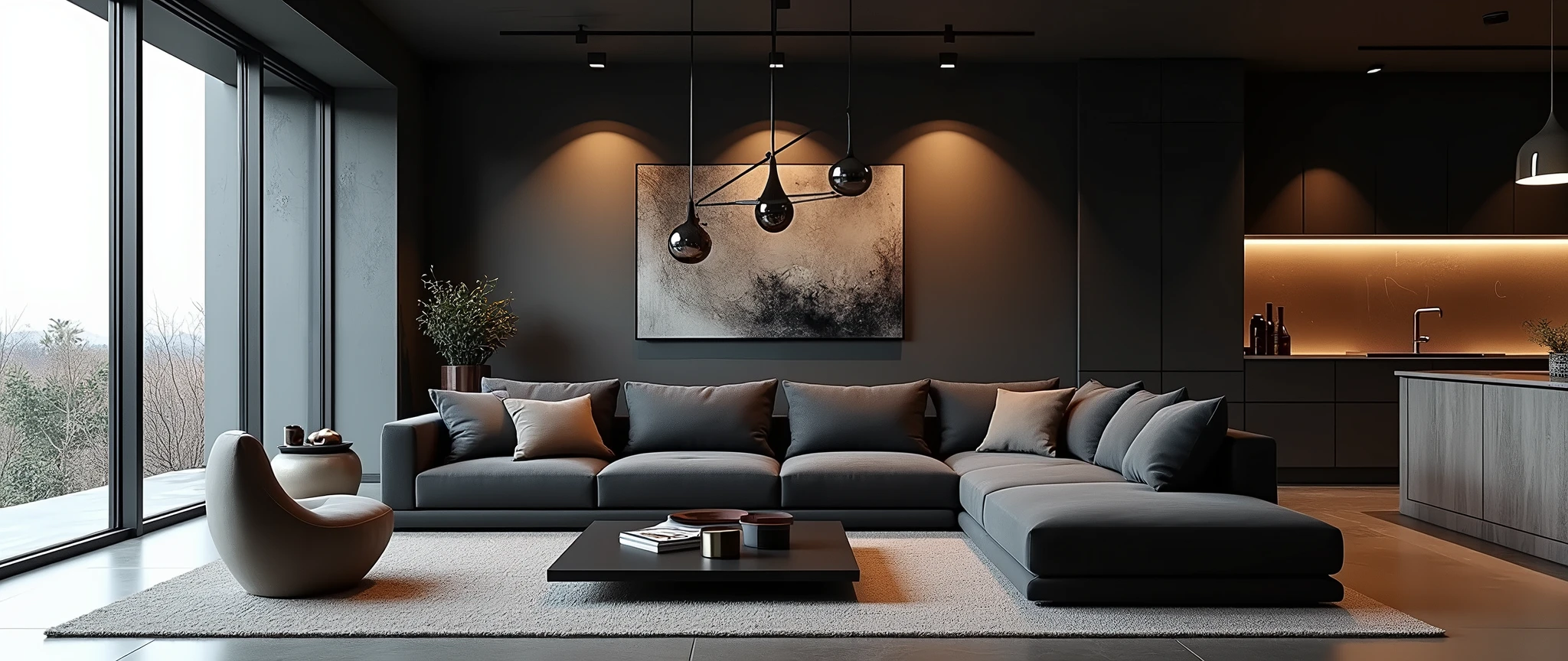 reate a realistic render of a modern and luxurious living space with an industrial and minimalist design, set on a single floor. The room features large floor-to-ceiling windows on one side, allowing natural light to softly illuminate the space. A spacious, plush sectional sofa in a dark, muted tone is positioned centrally, surrounded by modern décor elements. Above the sofa, a series of sleek, metallic pendant lights with reflective surfaces hang down, adding an element of sophistication.
The living area is complemented by a large, dark coffee table placed on a soft, neutral-toned rug that ties the space together. The background features a dramatic piece of modern art that brings depth to the room. On the right side, the space seamlessly transitions into a modern kitchen area with a clean, streamlined design. The kitchen is equipped with minimalist cabinetry, a sleek countertop, and subtle lighting that enhances the warm, cozy atmosphere.
The overall color scheme is dominated by dark and neutral tones, with carefully placed lighting to create a dramatic yet inviting ambiance. The entire design emphasizes simplicity, elegance, and functionality, making the space both aesthetically pleasing and practical for everyday living.