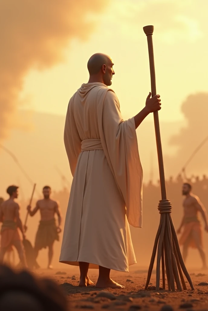 In cinematic 3d animated images "Balarama, dressed in white robes, is shown turning his back on the chaotic Kurukshetra battlefield.He holds his plow (his iconic weapon) in one hand, symbolizing his agricultural roots and peaceful nature.His face reflects serenity and contemplation, as he chooses to walk away from the impending violence."