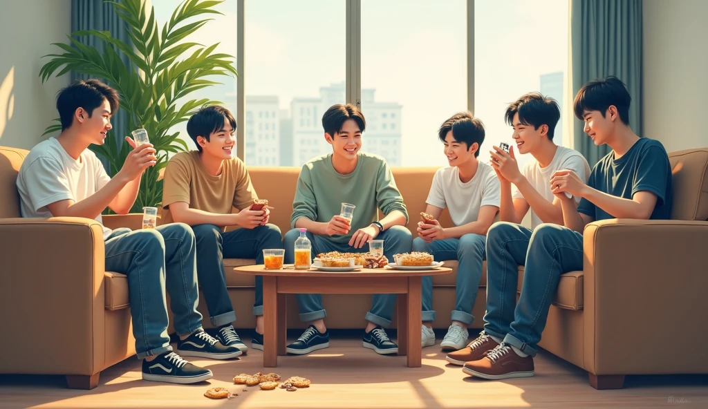 Six 20-year-old dark-haired, yellow-skinned Korean guys are hanging out in their dorm's common room, eating snacks. One of them is drinking from a water bottle. The common room is large and bright, and the six guys only occupy a third of the space. They're casually sitting on the couch or on the floor, with snacks and drinks scattered on the table.