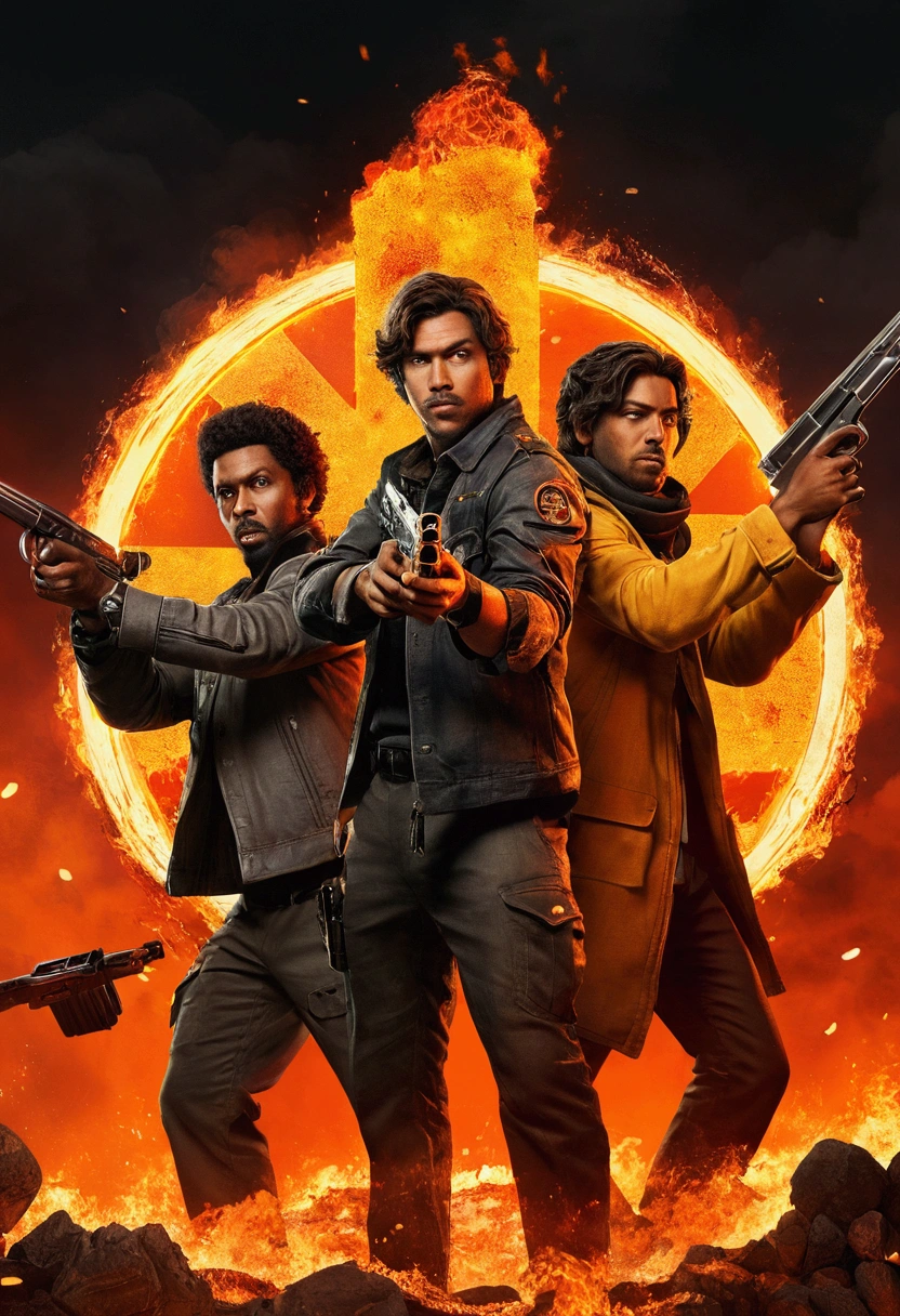 Create a dynamic YouTube channel banner titled 'Caçadores de Booyah.' The background should depict an intense Free Fire battle scene in a destroyed urban setting during sunset, with shades of orange, red, and black dominating. Place two iconic Free Fire characters in action poses: one on the left holding a gun and the other on the right preparing a grenade. The channel name should be centered in a bold, metallic font, appearing to emerge from flames, with a glowing effect around the letters. Add flying bullets and shards of glass around the characters for a sense of motion. Include a crosshair emblem in the bottom right corner to enhance the channel's identity."