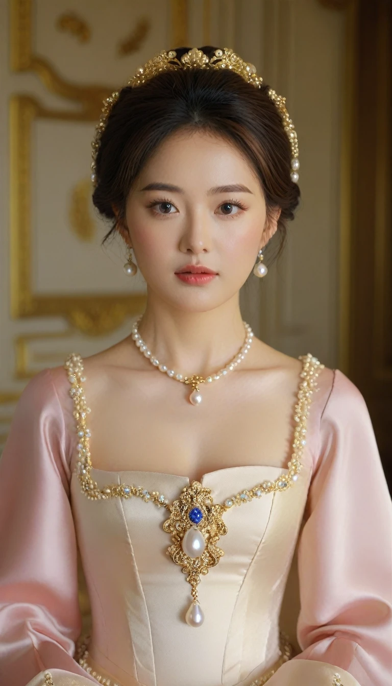 close-up of beautiful korean female, wearing as Baroque dress, necklace, standing in the pearl room, UHD