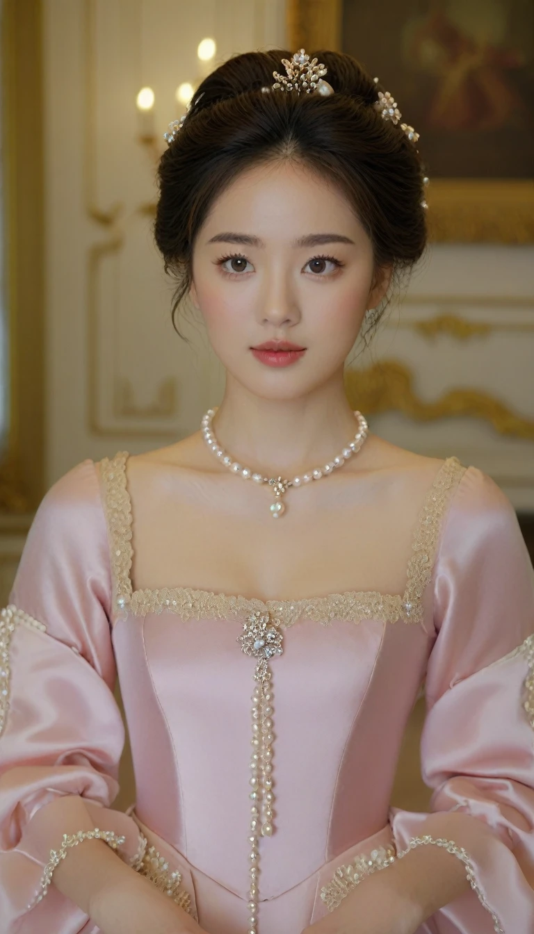 close-up of beautiful korean female, wearing as Baroque dress, necklace, standing in the pearl room, UHD