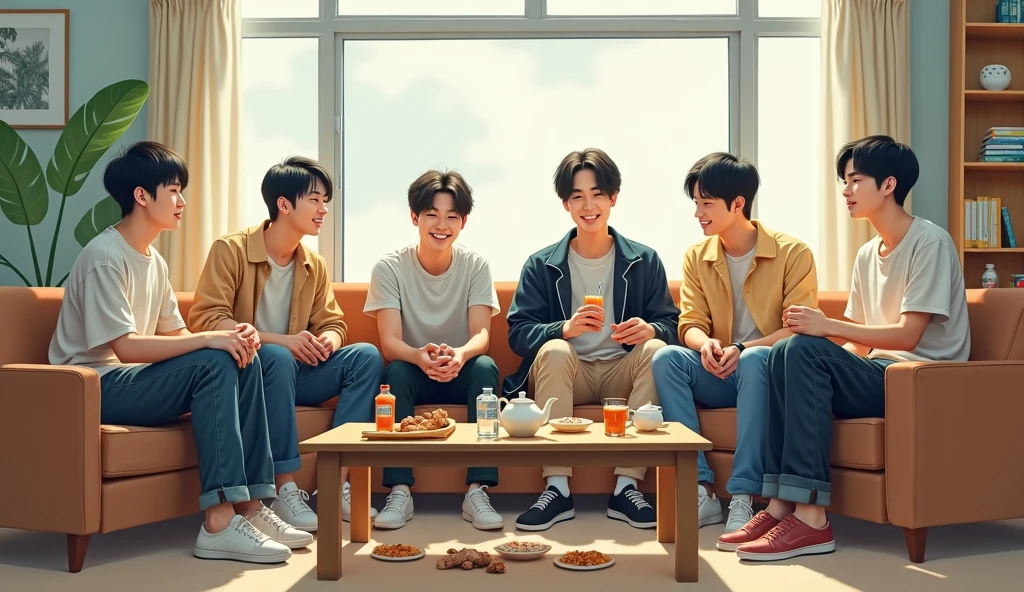 Six 20-year-old dark-haired, yellow-skinned Korean guys are hanging out in their dorm's common room, eating snacks. One of them is drinking from a water bottle. The common room is large and bright, and the six guys only occupy a third of the space. They're casually sitting on the couch or on the floor, with snacks and drinks scattered on the table.