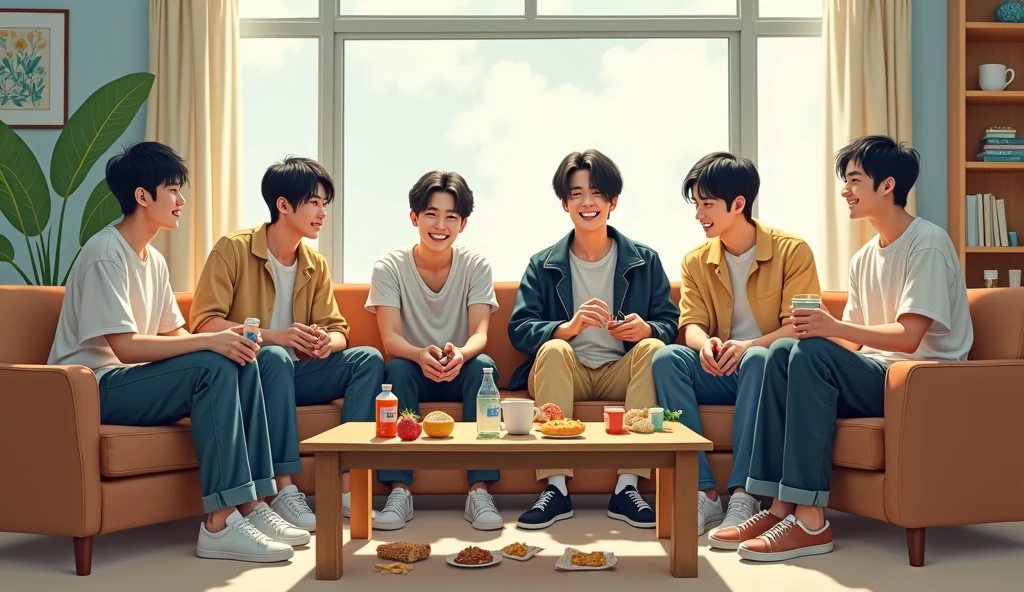 Six 20-year-old dark-haired, yellow-skinned Korean guys are hanging out in their dorm's common room, eating snacks. One of them is drinking from a water bottle. The common room is large and bright, and the six guys only occupy a third of the space. They're casually sitting on the couch or on the floor, with snacks and drinks scattered on the table.