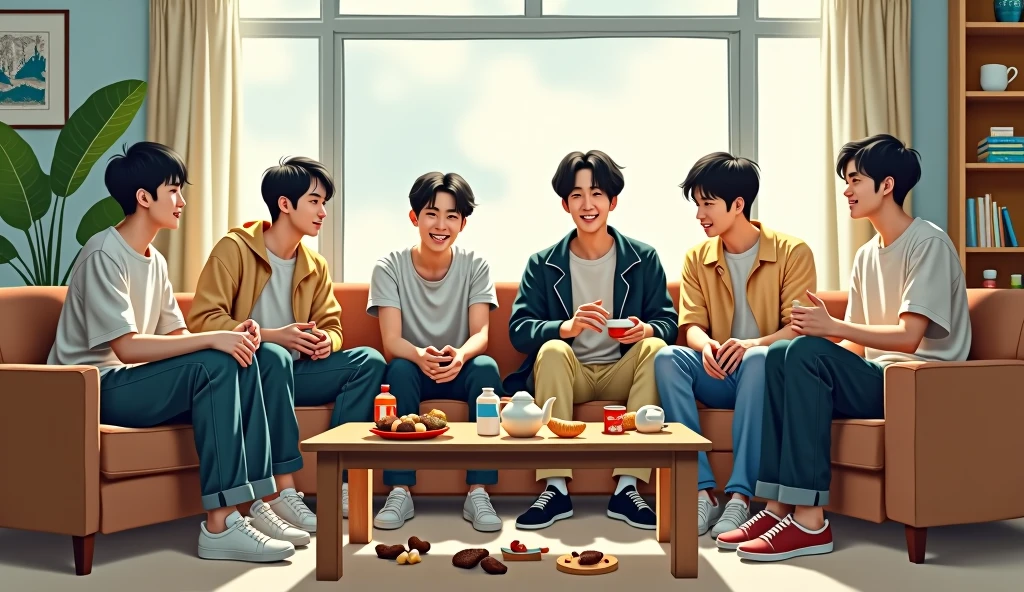 Six 20-year-old dark-haired, yellow-skinned Korean guys are hanging out in their dorm's common room, eating snacks. One of them is drinking from a water bottle. The common room is large and bright, and the six guys only occupy a third of the space. They're casually sitting on the couch or on the floor, with snacks and drinks scattered on the table.