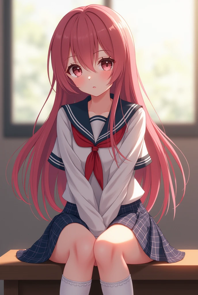 Japanese schoolgirl sitting with skirt up anime style