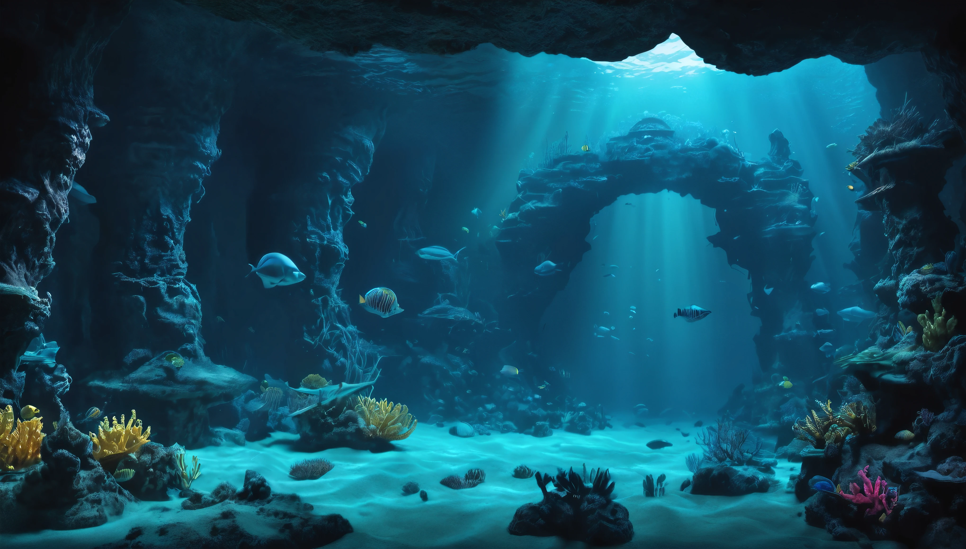 (There are many complex caves), undersea environment, Underwater environment, Underwater scenery, Close-up movie aquatic scene, Underwater scene, Underwater landscape, deep sea landscape, Underwater scenery, deep Underwater scene, Beautiful 3D concept art, Underwater World, incredible depth, Amazing depth, masterpieceUnderwater scene, Fantasy seascape