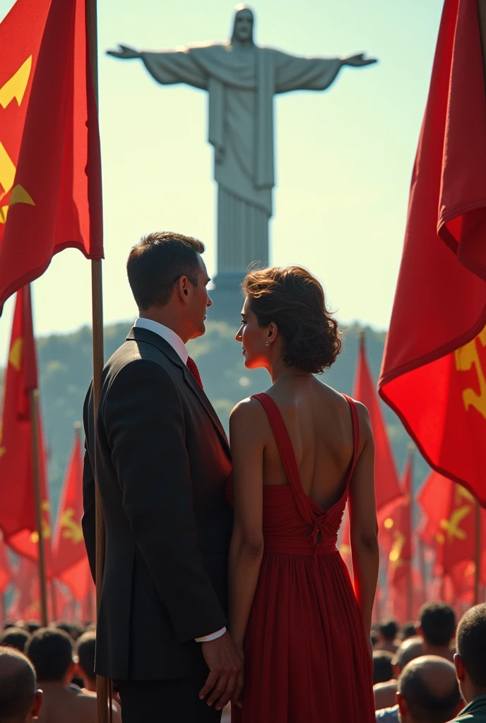 Luís Carlos Prestes and Olga Benario at Christ the Redeemer with communist flags