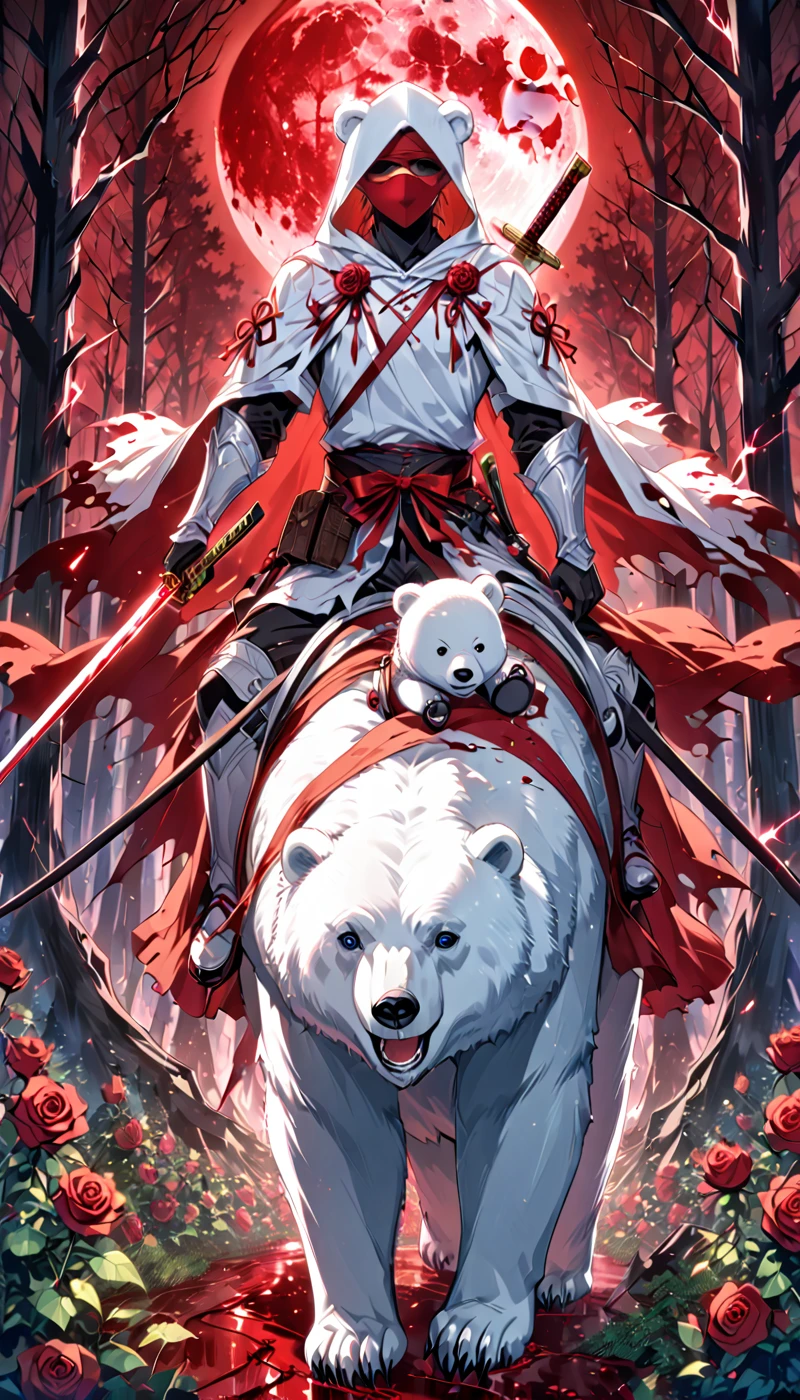 A man with a white hood with bear ears and a katana is riding a polar bear in a forest while the blood moon shines, many Roses cover the ground and lightning falls from the sky. The man wears a red blindfold.