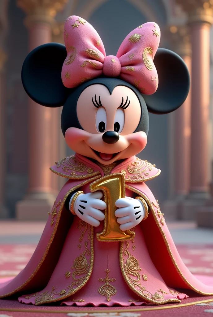 Create an image of baby minnie Mouse wearing an elaborate fantasy-themed costume. Her ears should have a night sky design with gold stars and spiral patterns on a dark pink background... minnie&#39;Your face should have its classic happy expression with bright eyes, round nose and a wide smile. Your clothes should resemble your real appearance., Predominantly pink with intricate gold embellishments. The costume should feature rich and heavenly patterns., with a high collar and a luxurious cape that falls behind. The overall aesthetic should be magical and majestic.., making minnie look like a character from a fantasy kingdom. Baby Minnie, must be holding on to number 1 for birthday, This number 1, It must be in 3D with the same colors and style as baby Minnie.