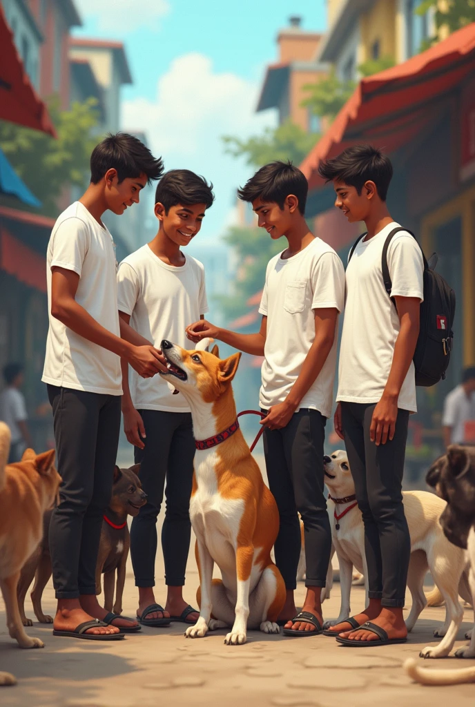 A special team named INDRADHANU of three boy and a girl with white t shirt and black pant helping the street dogs in streets of india