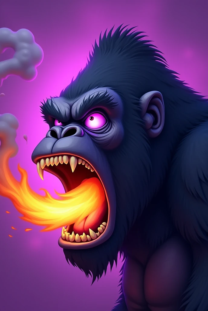 just the gorilla head spitting fire,purple backdrop,purple pupil,cartoony,realistic smoke coming out of the ears