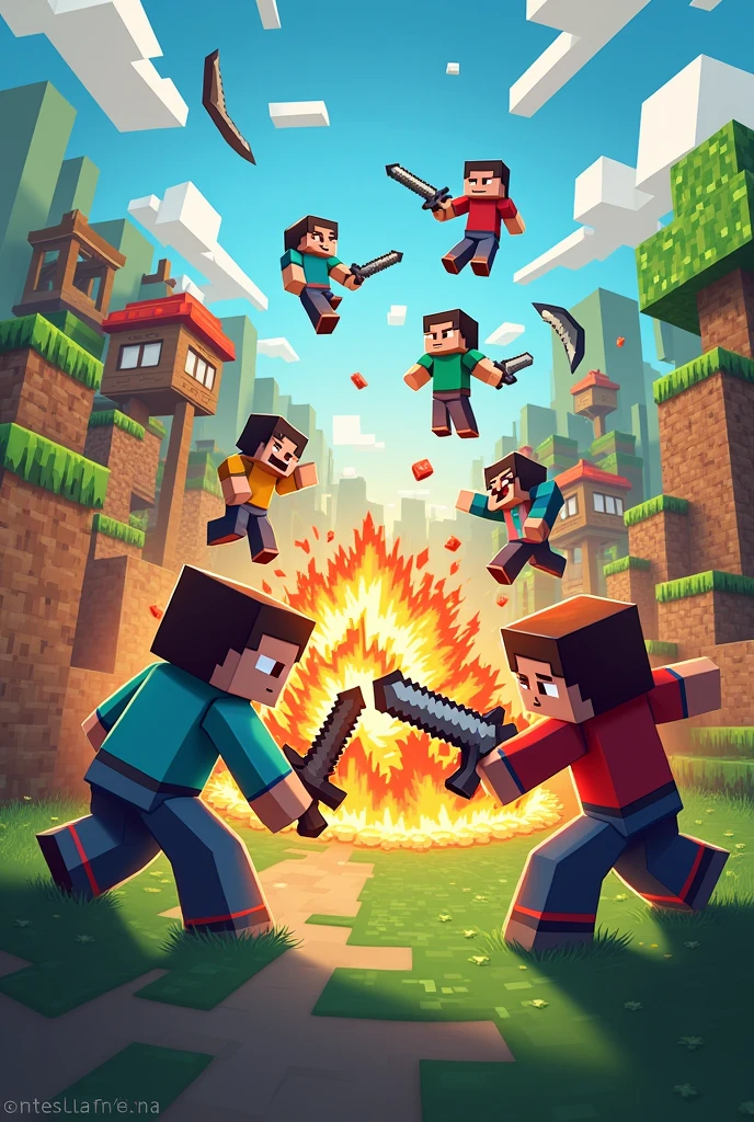 An image of Bed Wars, a Minecraft-style cartoon logo but that doesn&#39;t say Minecraft, red vs blue vs green vs yellow but with bitterness of each color 
