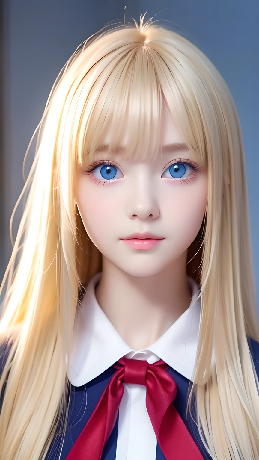 A very beautiful Nordic girl、Super long silky shiny metallic butter blonde hair、Cute beautiful girl with sexy messy bangs、Hair above the eyes、片Hair above the eyes、Hair between the eyes、uniform、Super long beautiful blonde hair、Beautiful bangs between the eyes、Very beautiful cute face、Cute beautiful gentle expression、high school girl、Big, pale, very bright sky blue eyes that shine beautifully、Small Face Beauty、Round face、Snow-white glossy skin、