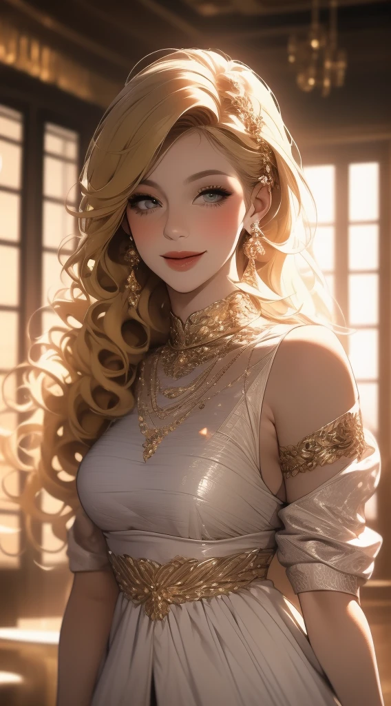 1 woman, alone, mature woman, curly blonde hair, long hair, blonde wings, wearing a dress (with makeup), portrait, (smiling), focus on face, roupas modernas 