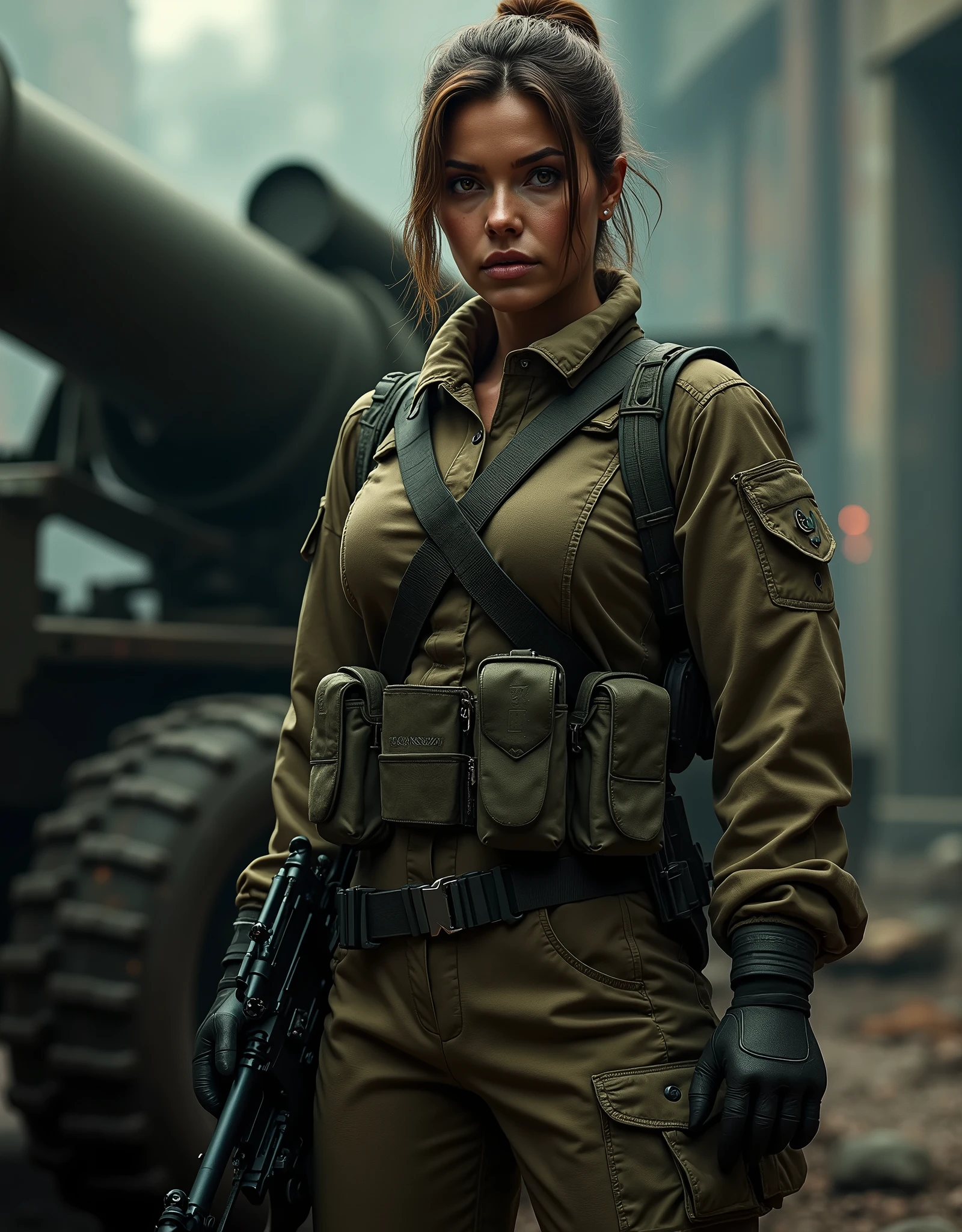 a beautiful woman, armed female soldier, standing next to a mortar, highly detailed, photorealistic, 8k, masterpiece, cinematic lighting, dramatic pose, military uniform, serious expression, muscular, strong and powerful, gritty, grungy, moody, atmospheric, chiaroscuro lighting, dynamic composition