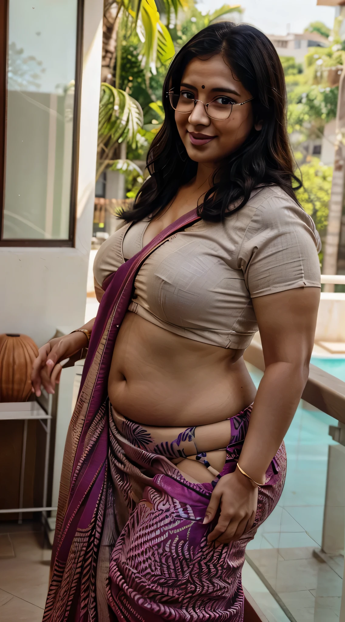 RAW photo, natural lighting, best quality:1.15) Indian woman Nisha, wearing colorful saree blouse, 30 years old, (chubby cheeks:1.1), (curvy body:1.4), (eyeglasses), (bindi), An Indian beauty, charismatic, fair skintone, view the viewer, naughty smile, balcony, (detailed facial features), sexy figure, side view, sexy navel, 