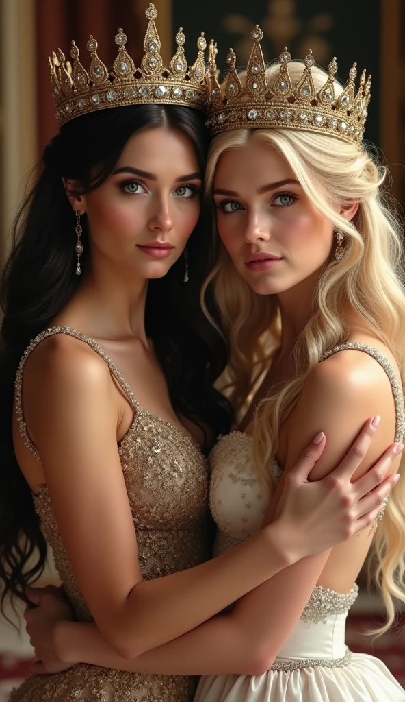 A very beautiful brunette queen and a very beautiful blonde queen embrace and look at the camera, whole body, crown, Looking at the camera, 潤んだ目でLooking at the camera