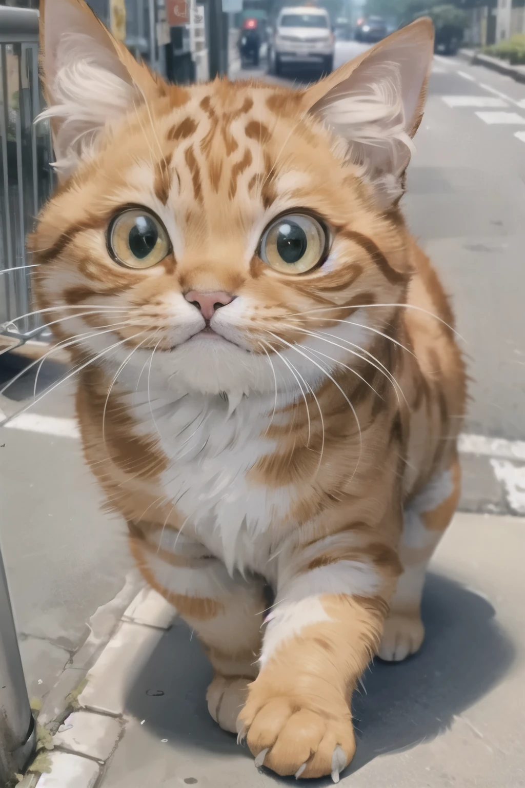 One little Orange kitten Nina Big eyes happily walking on street