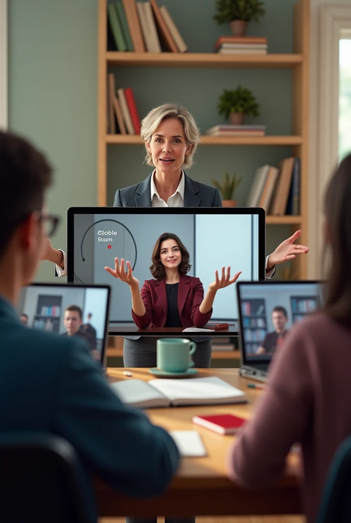 Create an image of a teacher teaching a class via zoom with a male and female student 