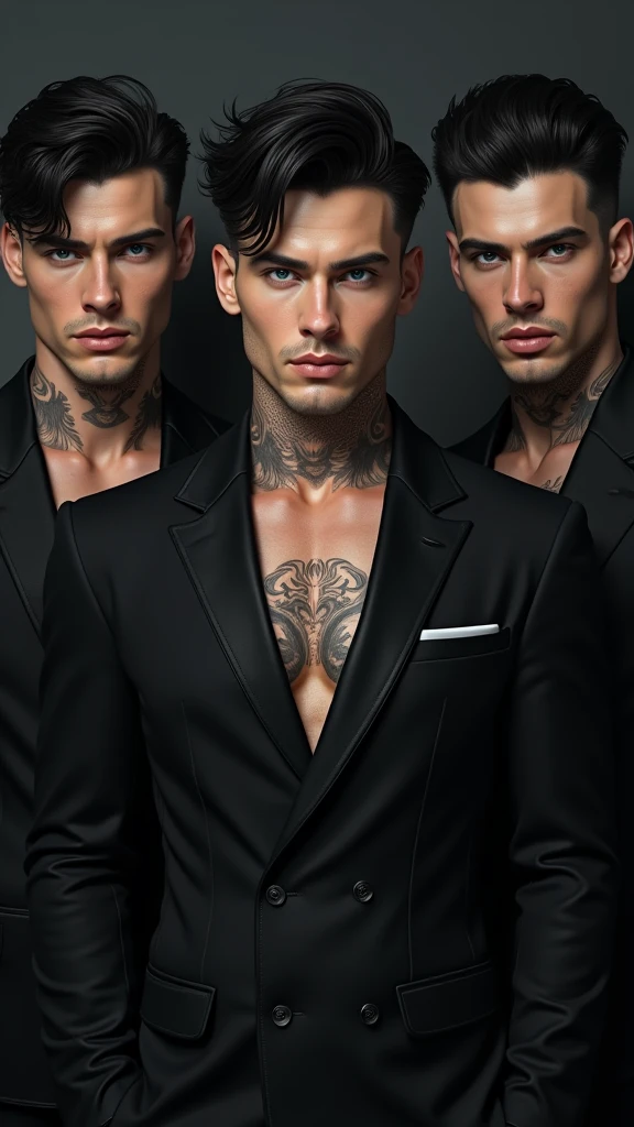 3 man with black hair, blue eyes, clear skin, well-built, beautiful, captivating, but intimidating and dangerous, marked features, square jaw, with some tattoos on his neck dressed in a black suit