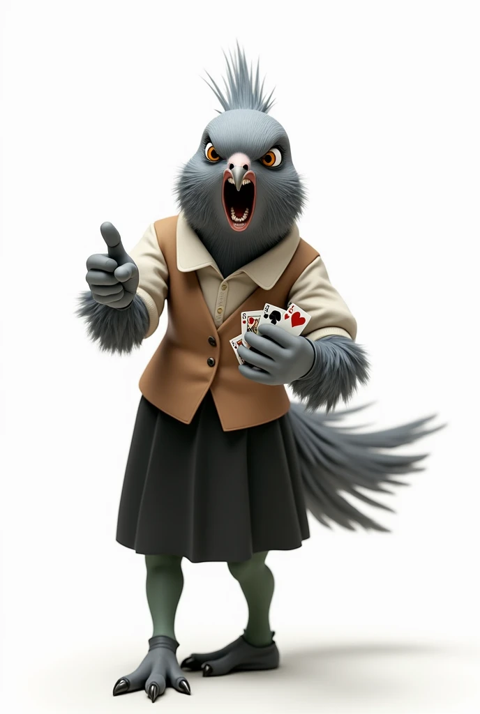 ((Highest quality)), ((masterpiece)), (detailed), (front), 怒りの表情で口を開けたGray female pigeonがオフホワイトで襟付きのshort-sleeved shirtに薄茶色のベストを着てひざ丈の黒いスカートに濃い緑の靴下と黒の靴を履いて、He is playing cards at the table and pointing at me、（Gray female pigeon）、(short-sleeved shirt)、Photorealistic images、Background is white 。