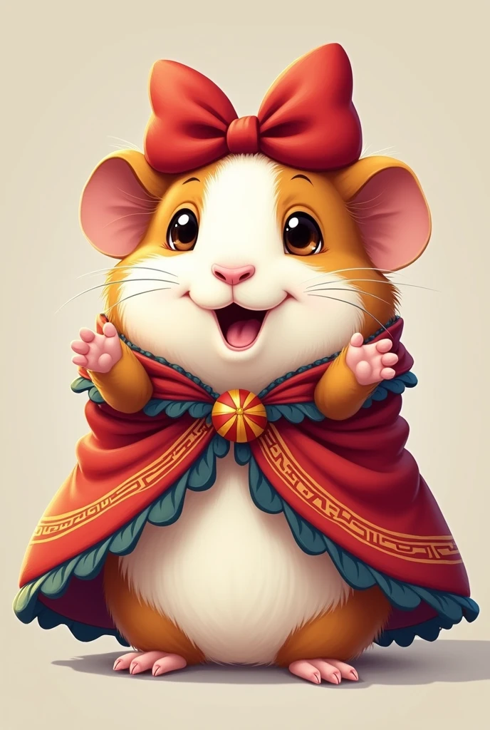 Female guinea pig on its side with a red bow on its head and a Peruvian poncho. Happy and with outstretched hands.
