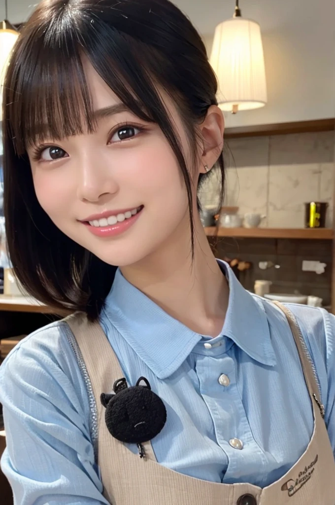 8k、High definition、Ultra Detail、Photorealistic、Realistic and accurate depiction、Realistic and accurate human anatomy、High resolution、Highest quality、Japanese、beautiful girl、Black Hair、ponytail、2、Long, narrow eyes、smile、Cafe staff、refresh、shy、Double teeth、Natural Makeup、Ultra-realistic、カウンター越しに微笑むCafe staff