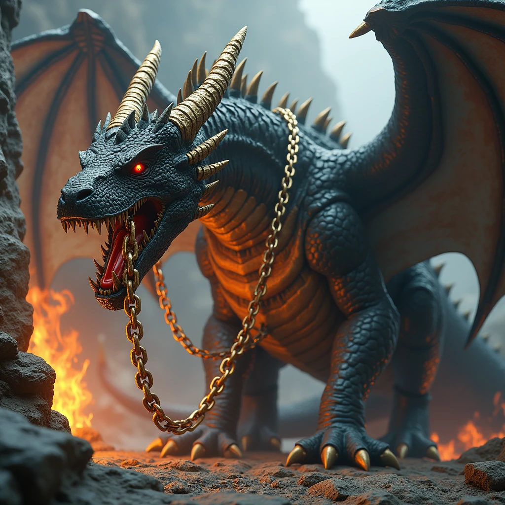 a mighty dragon tied to a huge pillar with huge golden chains, detailed dragon scales, angry eyes, textured skin, hyper realism, 8k, photorealistic, cinematic lighting, dramatic angle, volumetric lighting, dramatic mood, epic, fantasy, fantasy art, concept art