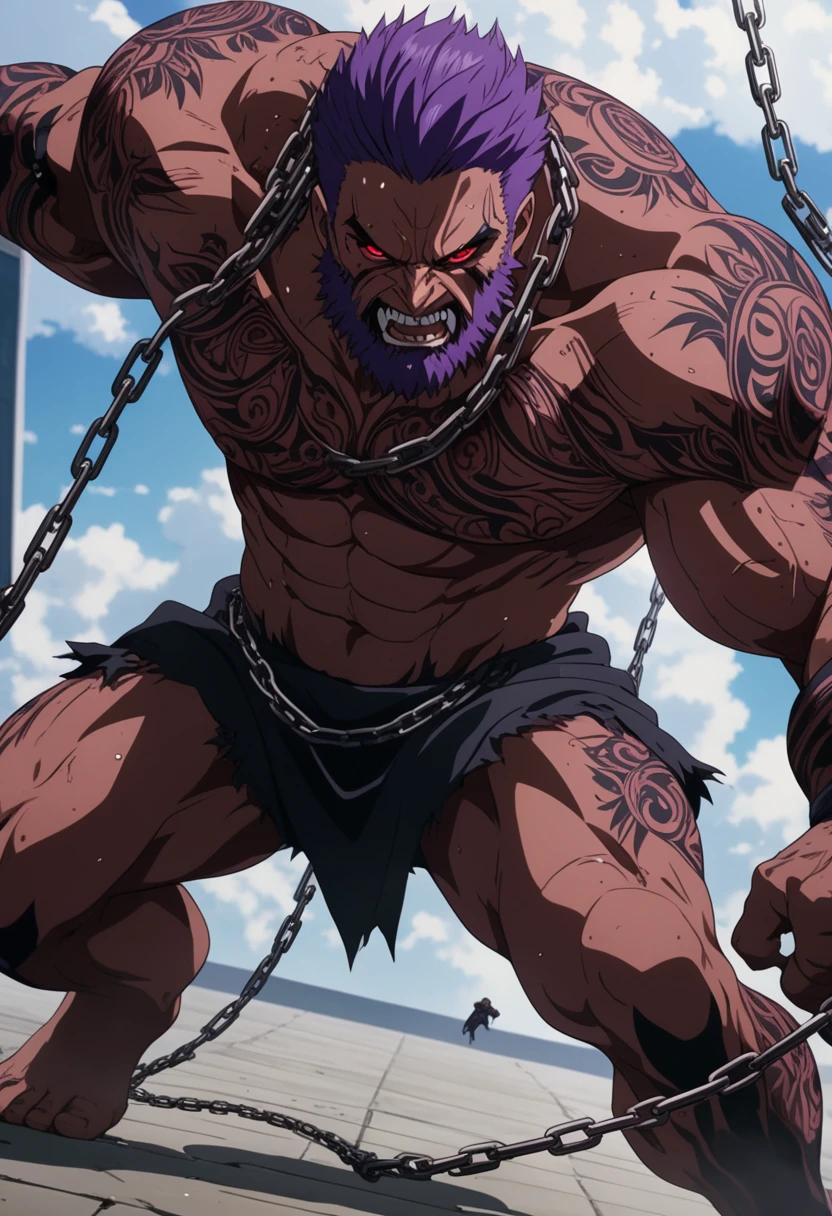 ((best quality, highly detailed)), masterpiece, ultra highres, anime screencap, 1man, detailed manly face, red eyes, berserker, short hair, purple hair, A vicious man dragging many chains all over his body, fullbody shot, el fondo es una capilla sixtin