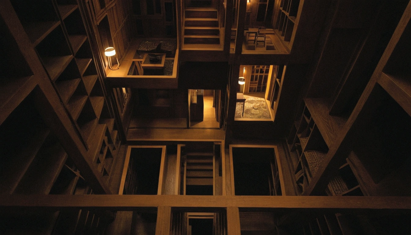 Infinitely large extra-dimensional space in a non-symmetrical MC Escher labyrinth style. It consists of several living rooms, various corridors, various endless halls and many stairs in a Japanese style. There is no ceiling. It has a distorted sense of gravity, allowing the rooms to be upside down or perpendicular to the stairs. Its physics is distorted. Its structure and random layout. [Japanese style] [para-dimensional] [Infinity forteresses] [MC Esher Labyrinth]