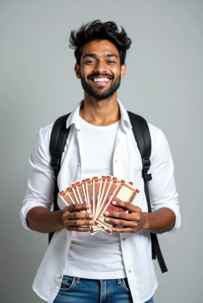 The image shows a young handsome Indian man with clear eyes with a big smile on his face, holding a bunch of money in his right hand. He is wearing a white button-down shirt, a white t-shirt, and blue jeans. He has a black backpack slung over his shoulder and is standing against a grey background. The man appears to be happy and confident, with a slight smile on one hand and a slight frown on his lips. The money in the man's left hand is a mix of clear Indian 2000 rupees bills, and he is holding it up in the air with both hands
