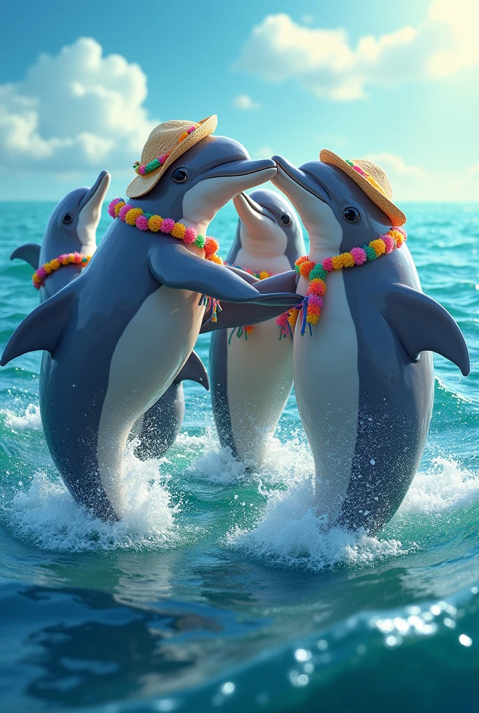 Several dolphins which wear bikini and hat and sunglass wrestling on the ocean