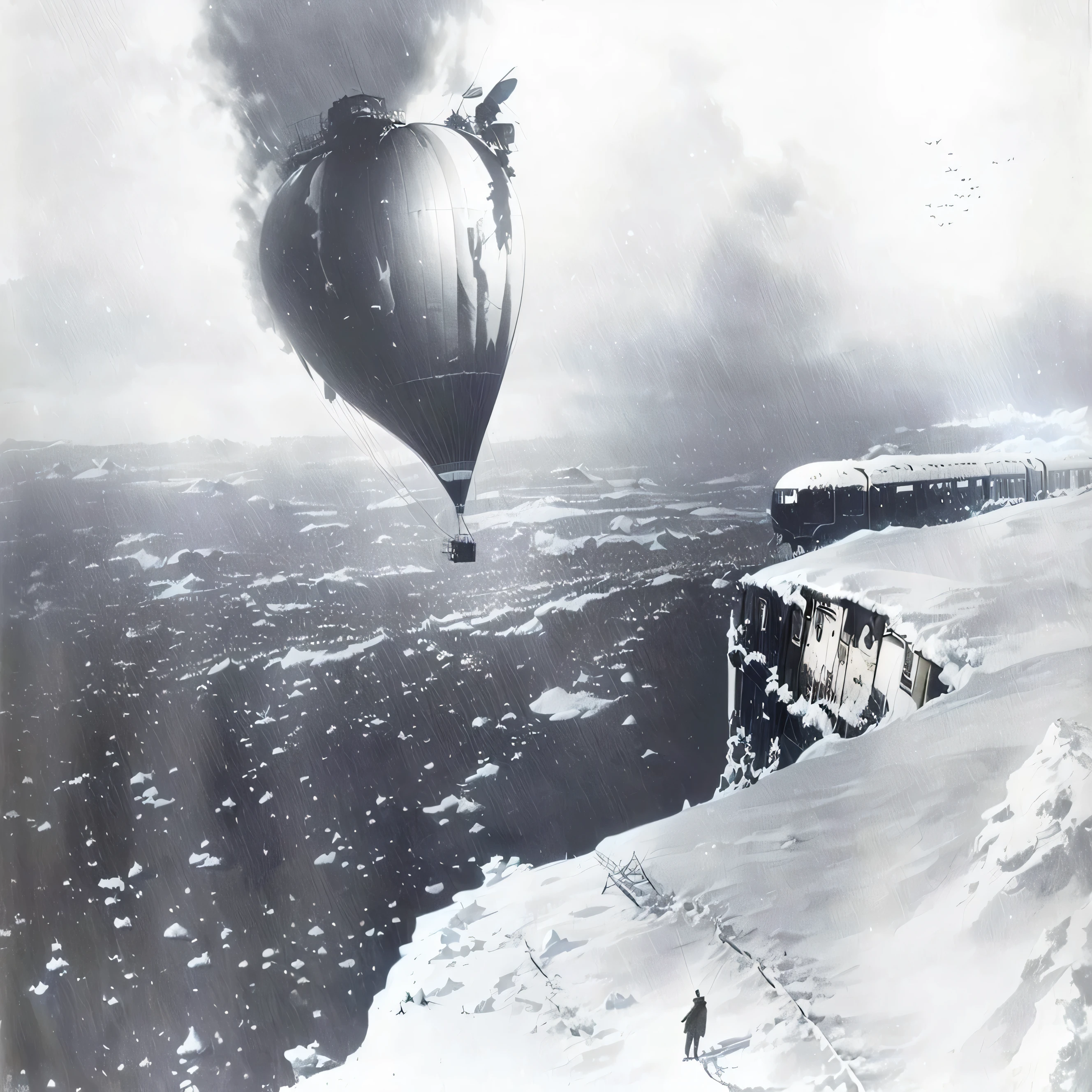 there is a large balloon flying over a snowy area with a train, zeppelin in the air, airships, 1910 photography, airship, frostpunk, zeppelin, giant airships in the sky, antarctic, 1902, 1 9 0 2, blimps, 10 photo, 1904 , 4k colored