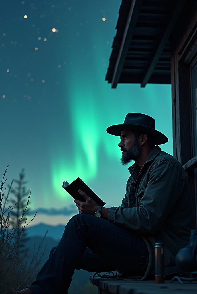 in the background a starry night sky with aurora borealis... A father thinking about his son and writing