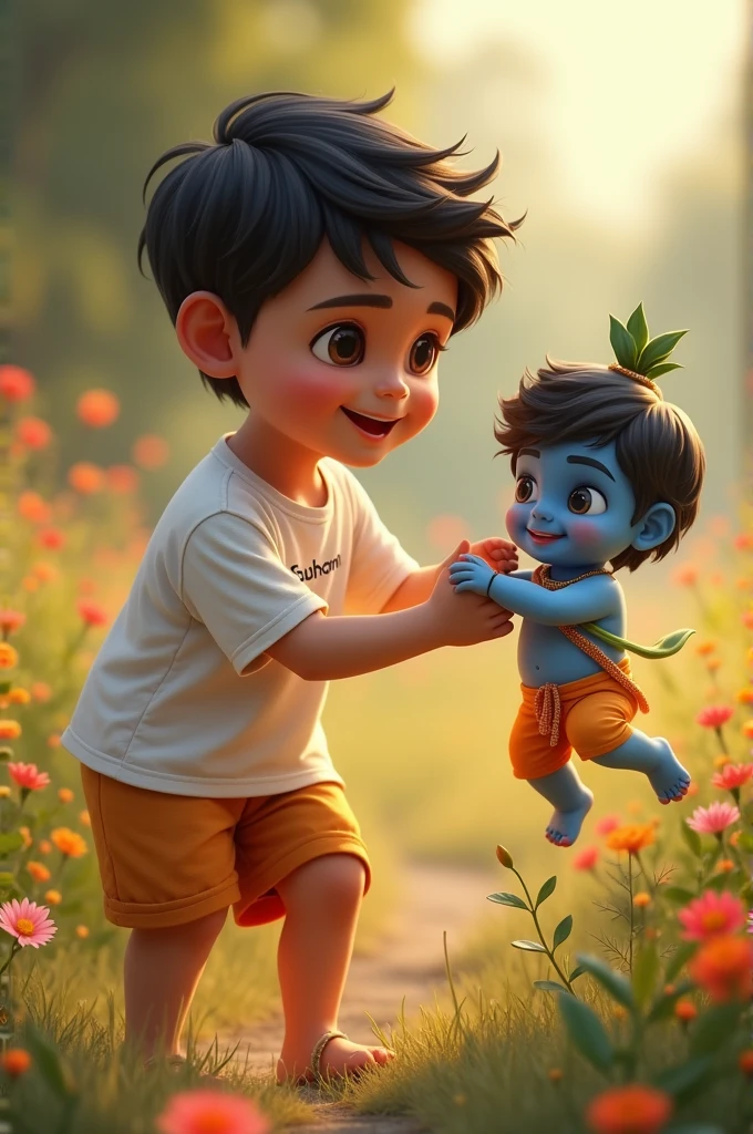 Create a 4k realistic image of 12 year boy he waer a white tshirt and printed on "SUBHAM" and he playing with little Krishna and joyful background