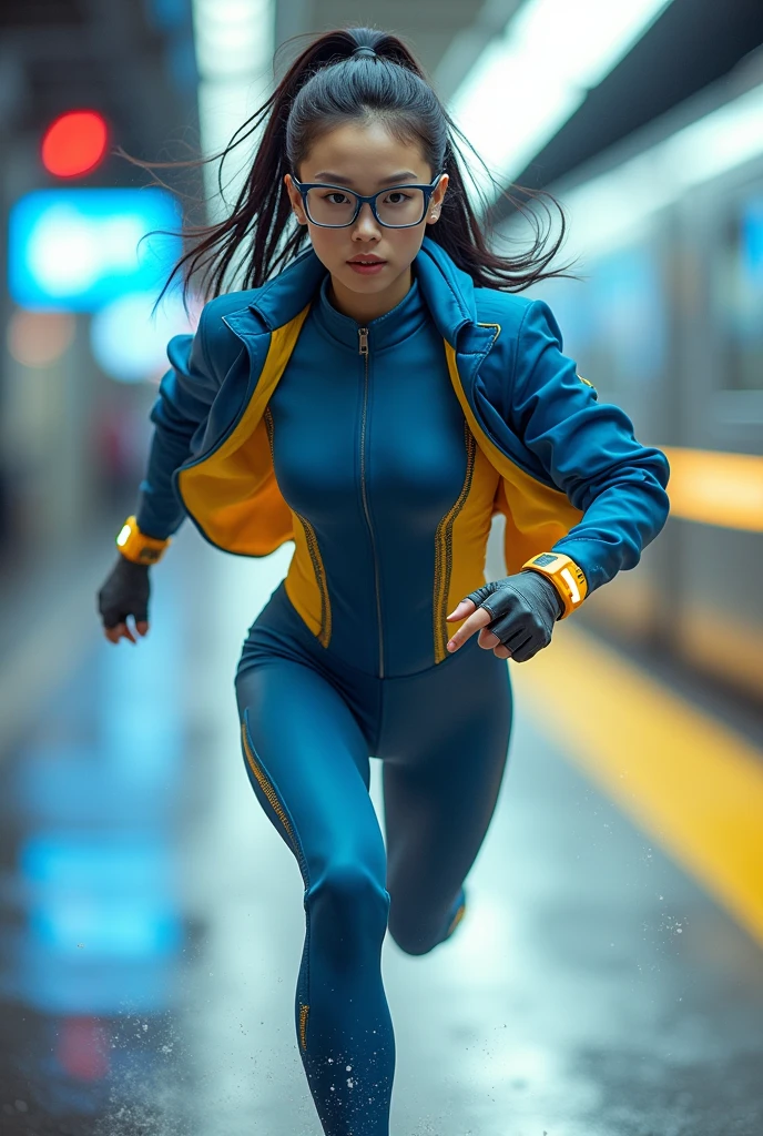 Chinese japan women average age wear jumpsuit high tech(( blue yellow)) . high tech belt. ))Running effect. flat chest. Glowing yellow power.((wear jacket blue))short girl. Runfast effect. saggy breast open zip.. Wear blue big glasses big frame.running speed of light . latex suit. big tight. running athlete.pontytail hair. Braces teeth. train rail .Bokeh background. Panning effect. Yellow high tech watch. a beautiful young chinese women, , wearing a high-tech blue and yellow very tight jumpsuit. wear jacket bomber jacket blue yellow, venus body type.. unning with style pose . ,floating water pallet, photorealistic.(( fast train effect))detailed facial features, long hair, elegant pose, dynamic lighting. glowing body yellow lightning effect, 8k, award-winning digital art, intricate details, vibrant colors, cinematic composition. very fasr run, highly detailed. light trail effect. speed of light. froze time effect. at the city.run water . spash water. the girl run fast on wet road. background on subway.